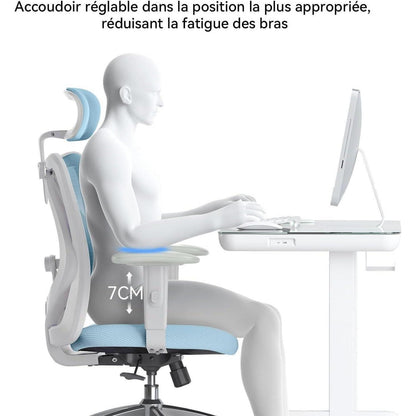 Ergonomischer Bürostuhl mit Kopfstütze und Lendenwirbelstütze, Hellblau