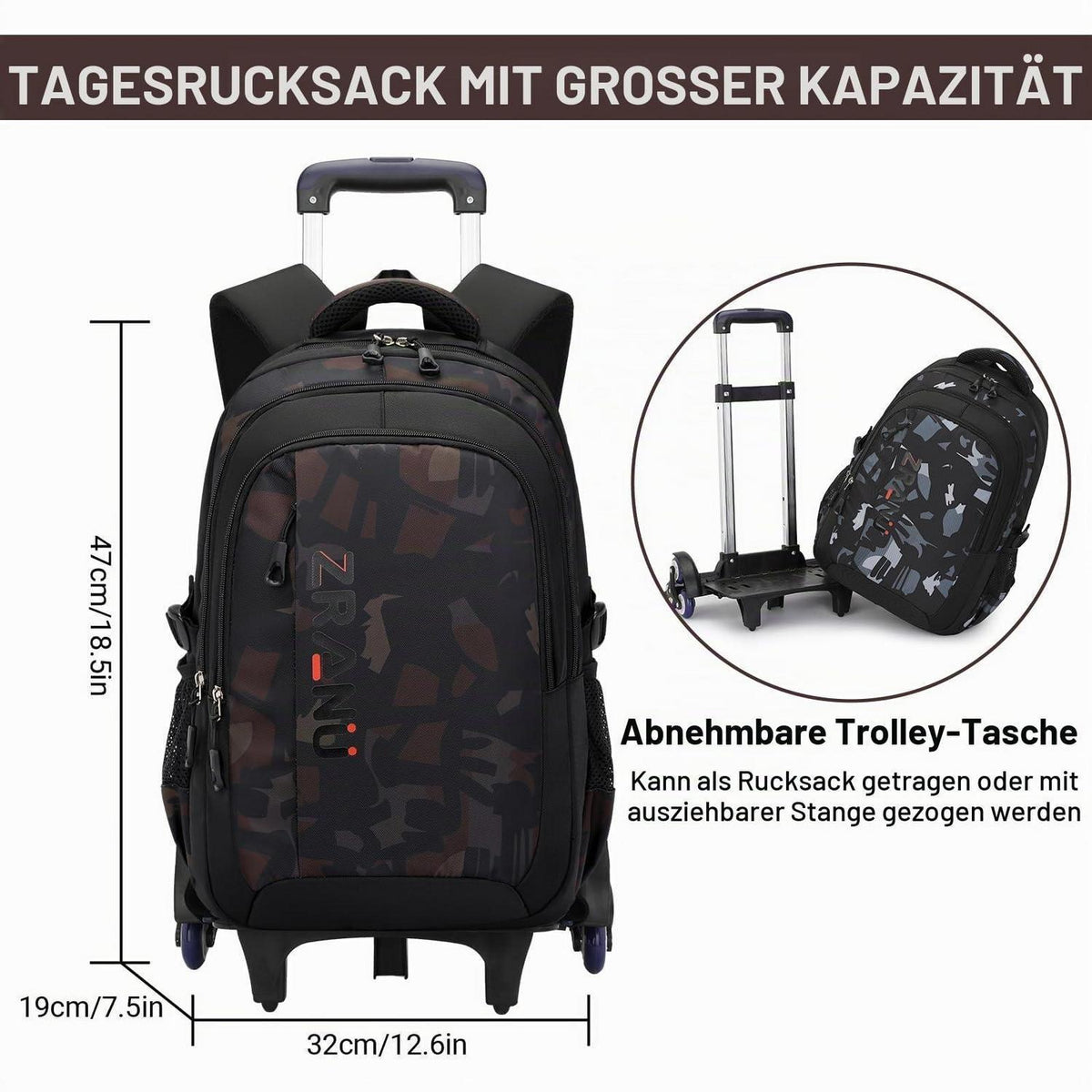 Schulrucksack Trolley Braun für Jungen mit Rollen & Abnehmbar