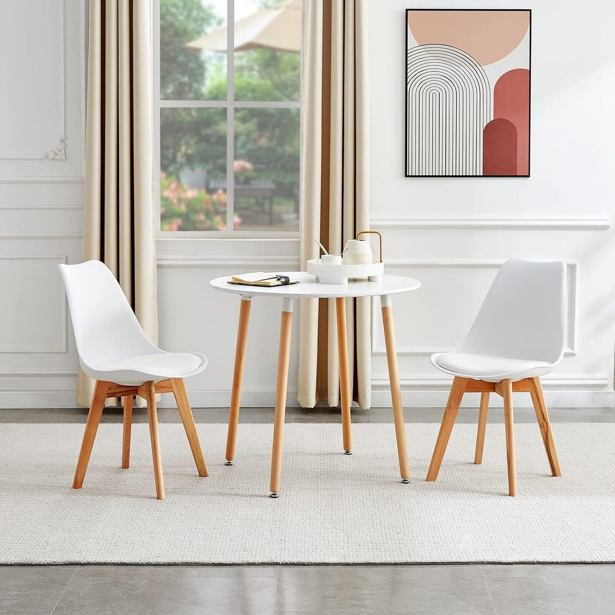 Essgruppen Set für 2 Personen – Runder Weißer Tisch + 2 Buche Stühle