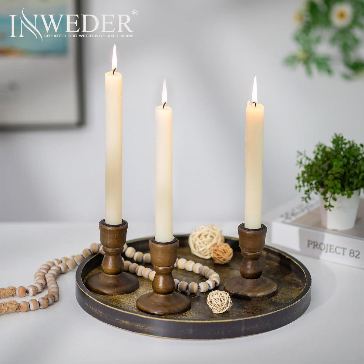 Holz Kerzenständer 10er Set Dunkelbraun Vintage für Stabkerzen