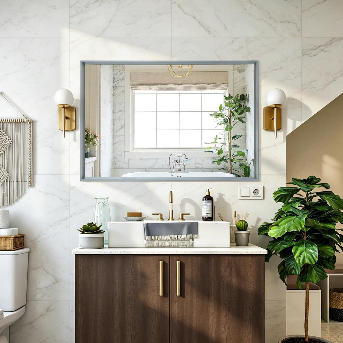 Moderner Wandspiegel Rechteckig 70x50cm Metallrahmen Grau