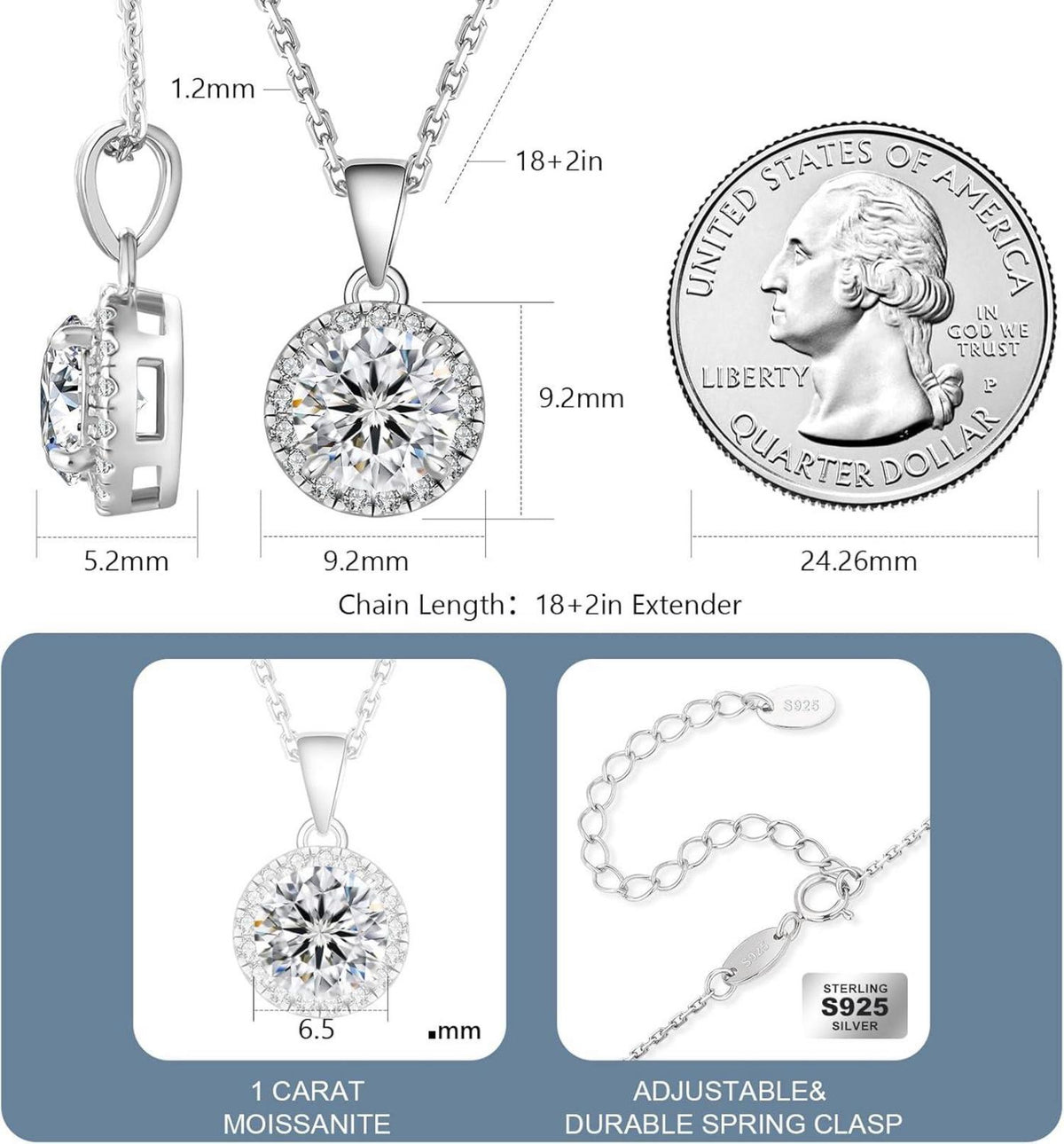 KRKC&CO Moissanit Anhänger Kette 925 Silber 1/2/3/4 Karat Damen VVS1 D Color