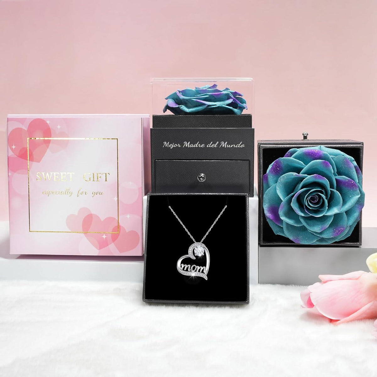 Sunia Mama Geschenke: Ewige Rose & Mom Halskette 925 Silber