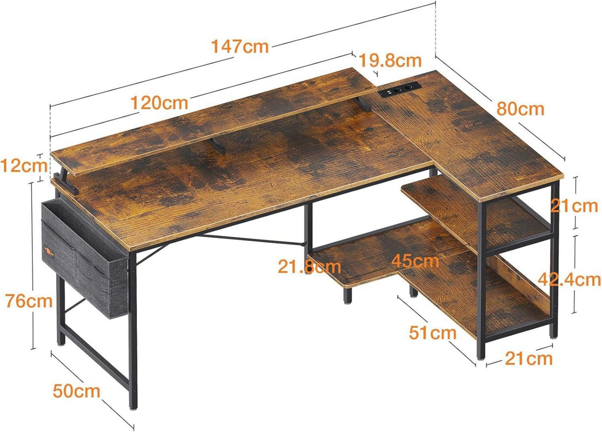 ODK Eckschreibtisch 147x80cm Weiß mit USB-Ladeanschluss & Steckdose