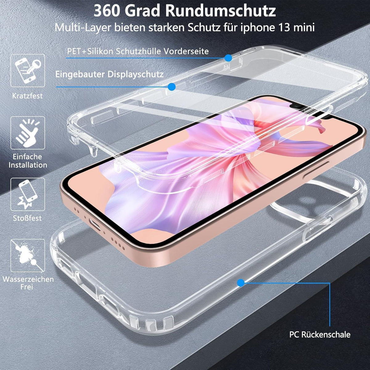 iPhone 13 Mini Hülle mit Panzerglas, 360° Rundumschutz, Stoßfest, Klar