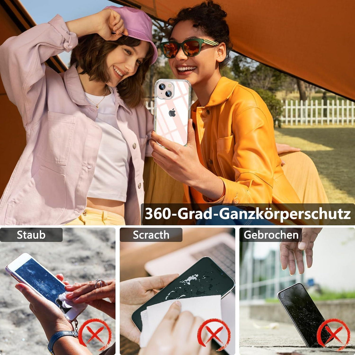 iPhone 13 Mini Hülle mit Panzerglas, 360° Rundumschutz, Stoßfest, Klar