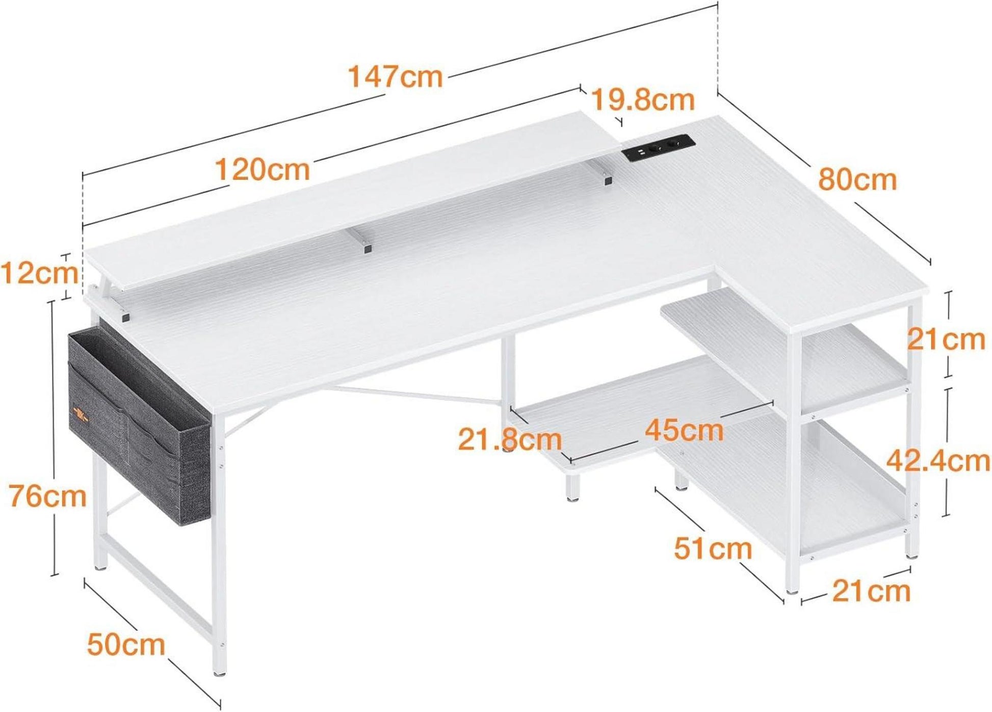 Eckschreibtisch Weiß 147x80cm USB Gaming Tisch mit Regal