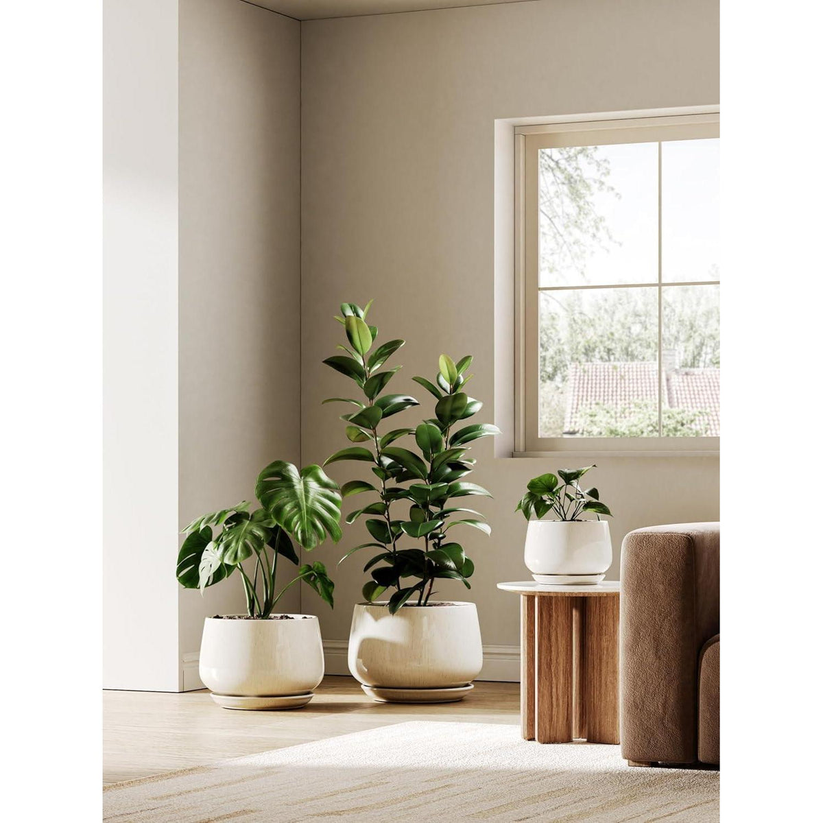 Keramik Blumentopf 25cm mit Untersetzer – Beige Reaktive Glasur