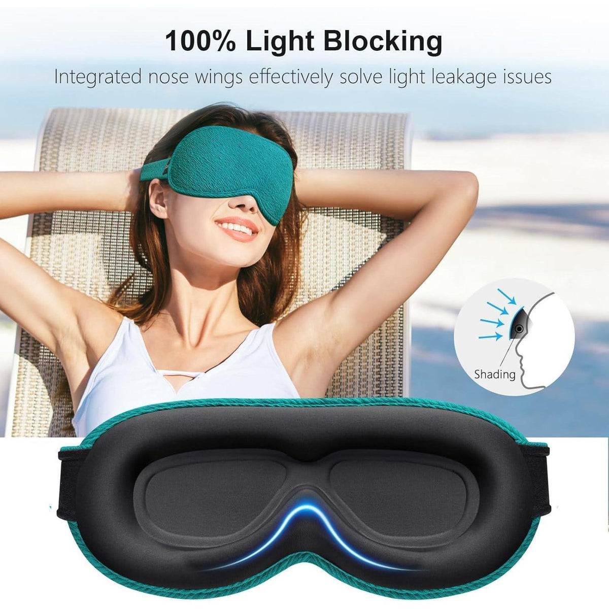 3D Schlafmaske für Seitenschläfer, Dunkles Cyan, 2 Paar Ohrstöpsel