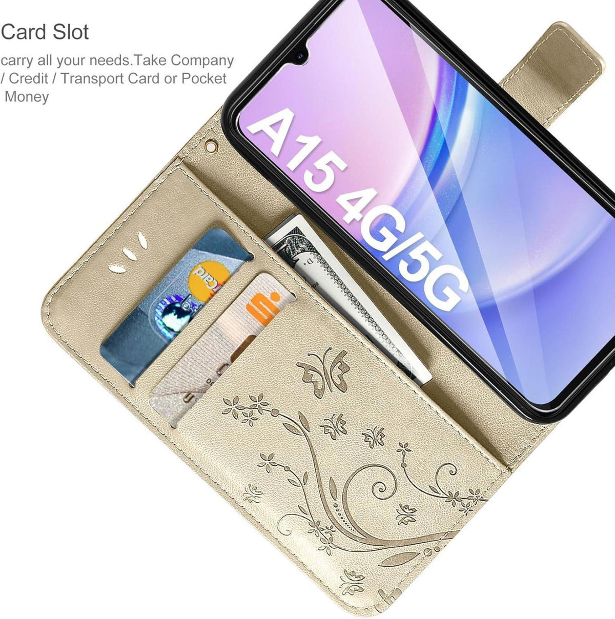 Samsung Galaxy A15 5G/4G Leder Wallet Hülle Schutzfolie Gold