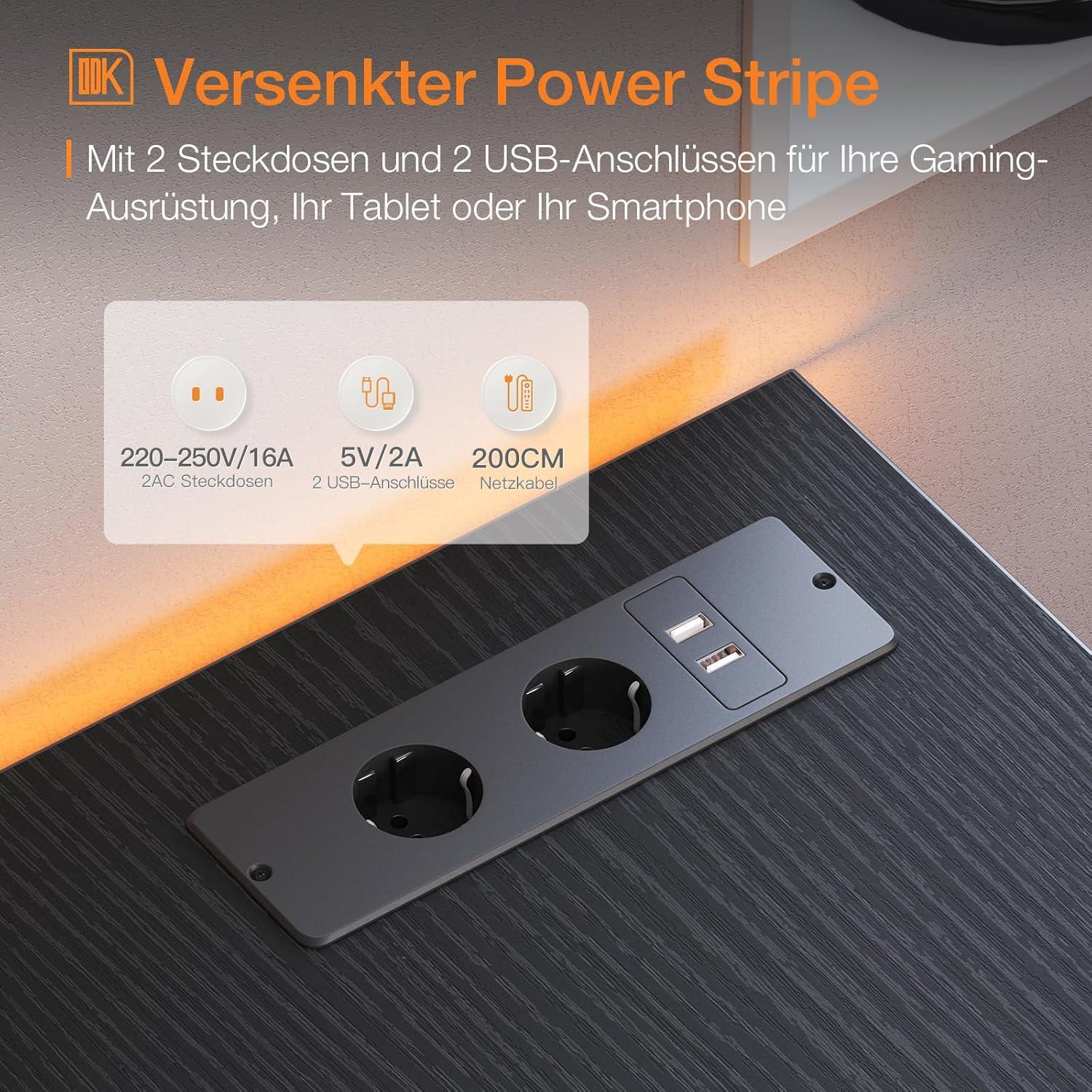 Eckschreibtisch L-Form 147x80cm Weiß mit USB-Ladeanschluss & Steckdose