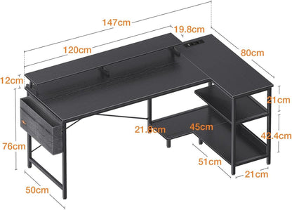 ODK Eckschreibtisch L Form 147x80cm Weiß USB Gaming Tisch Monitorständer Büro