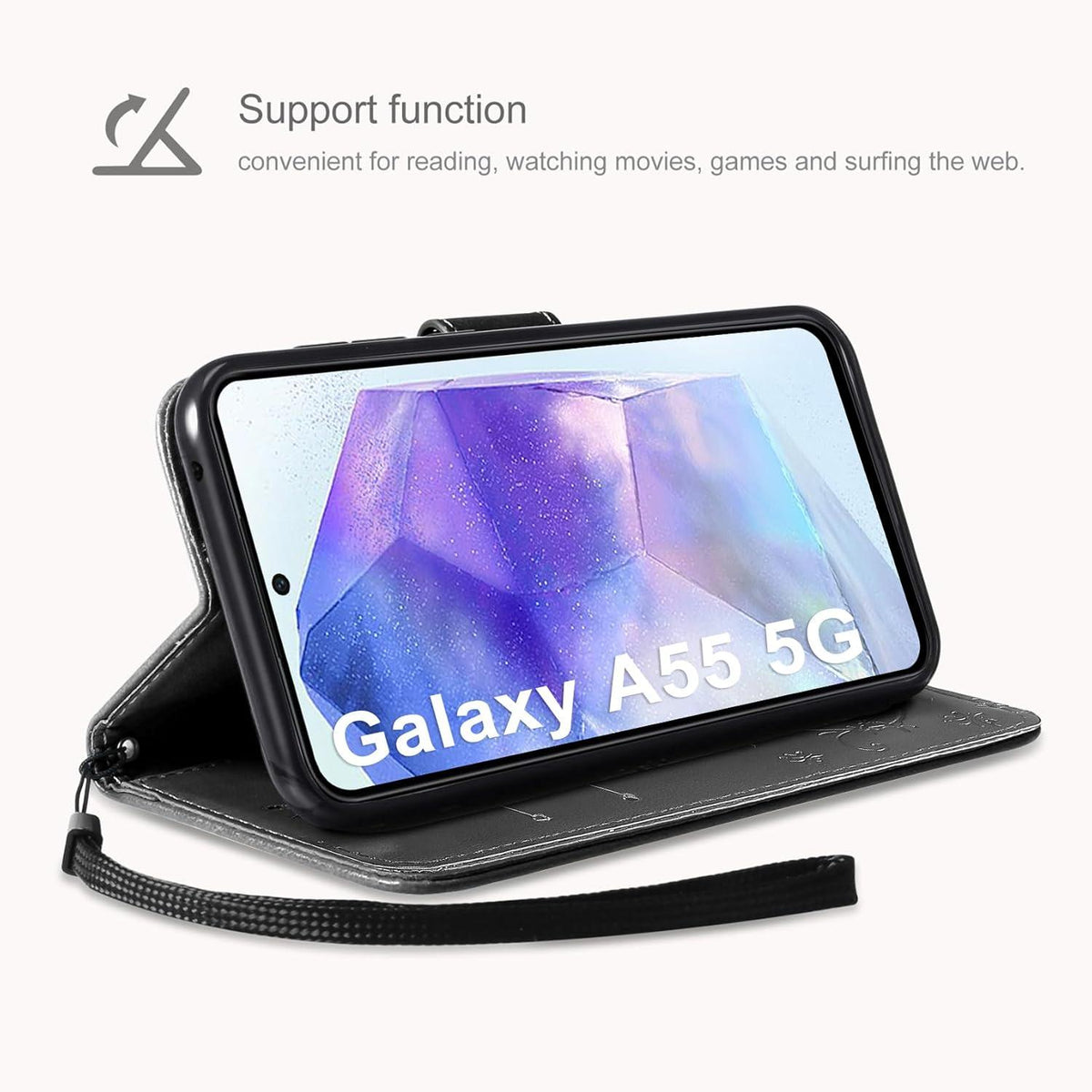 Samsung Galaxy A55 5G Leder Wallet Hülle Schwarz mit Schutzfolie