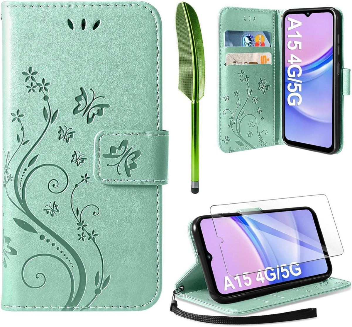 A15 5G/4G Wallet Hülle Minzgrün Schmetterling Blumen PU-Leder