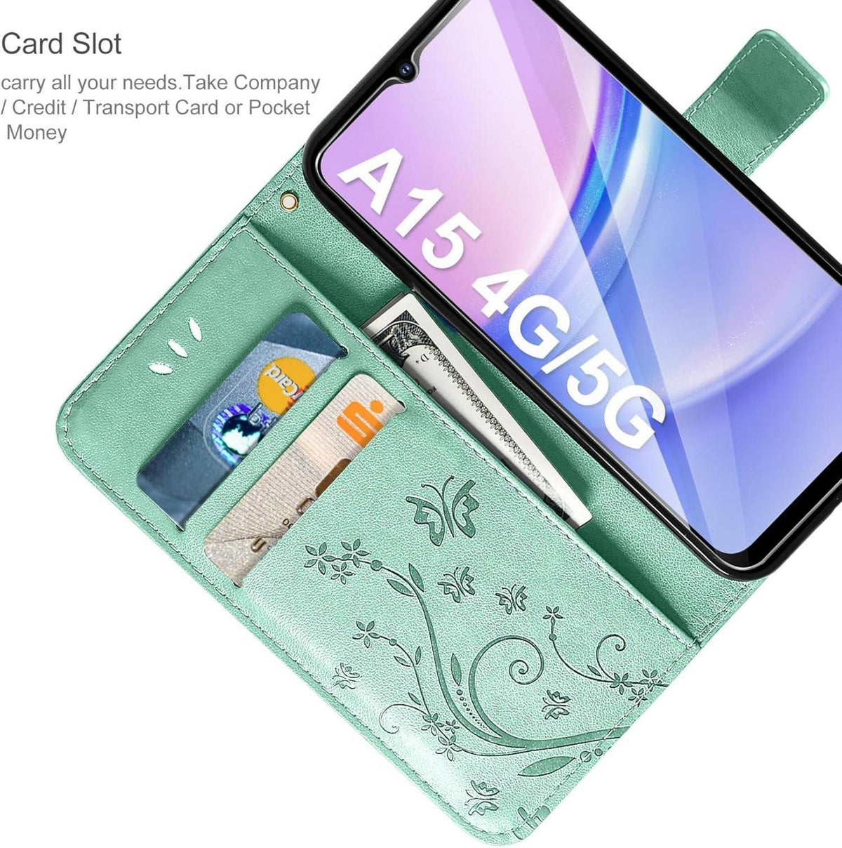 Lederhülle Samsung Galaxy A15 5G Wallet Schutzhülle Minzgrün