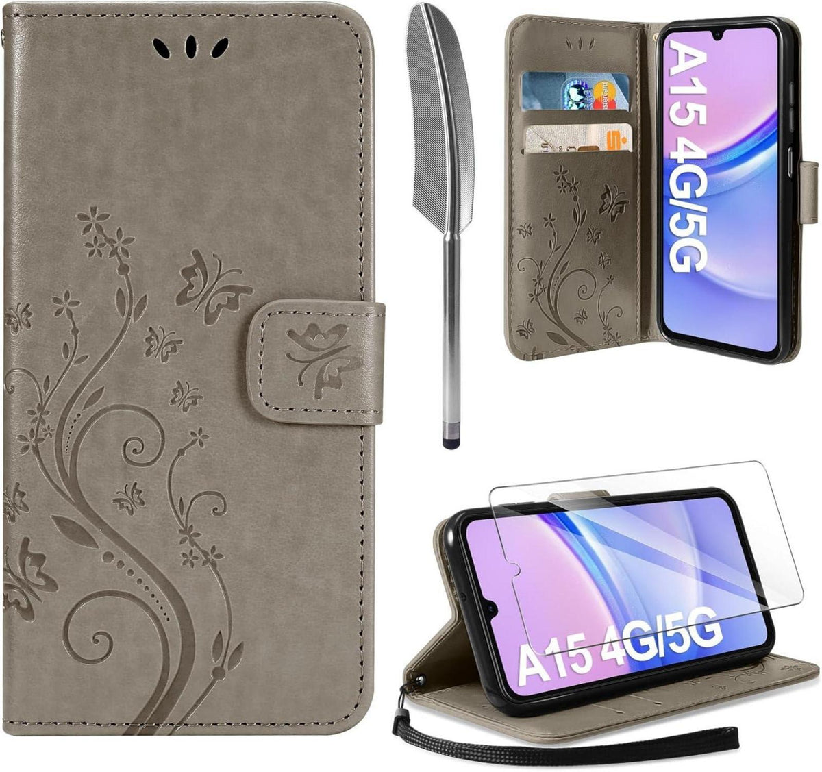 Samsung Galaxy A15 5G/4G Wallet Handyhülle Schutzhülle Grau