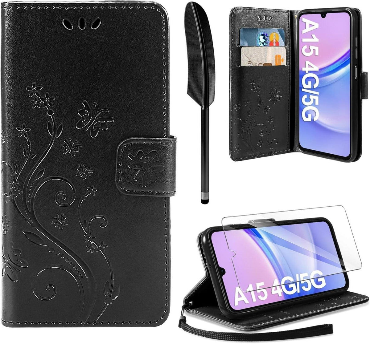 Lederhülle Samsung Galaxy A15 4G/5G Wallet Schutzhülle Schwarz