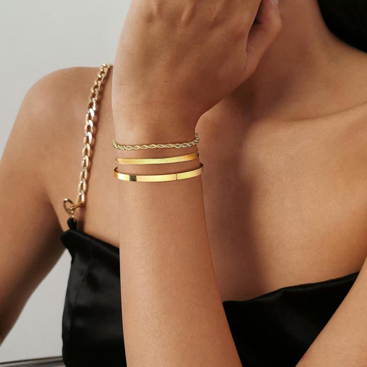 Gold Armband Damen Set Vergoldet Edelstahl Figaro Perlen 3-5 Stück