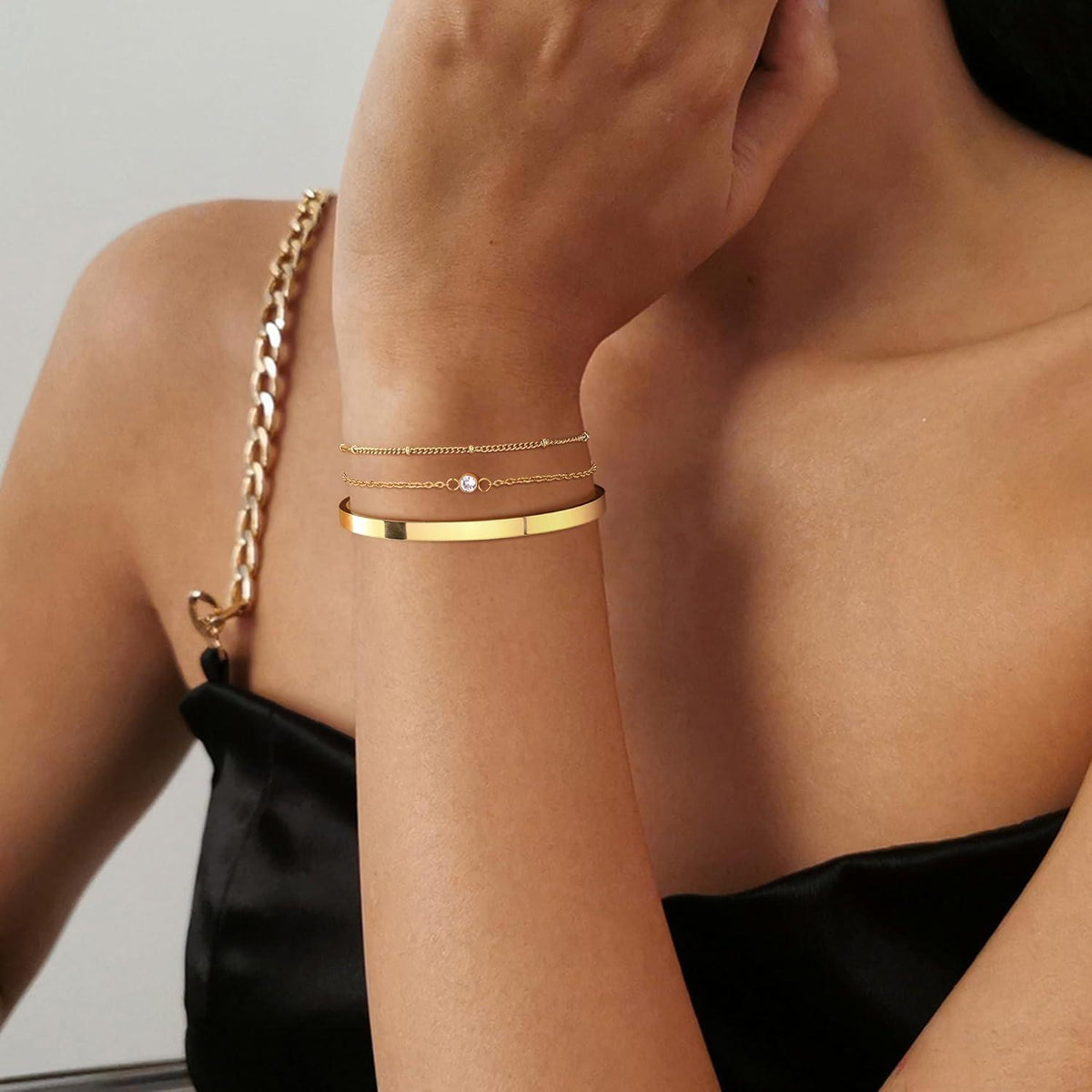 Goldarmband Set Damen 14 Karat Vergoldet Edelstahl Zirkon Perlen