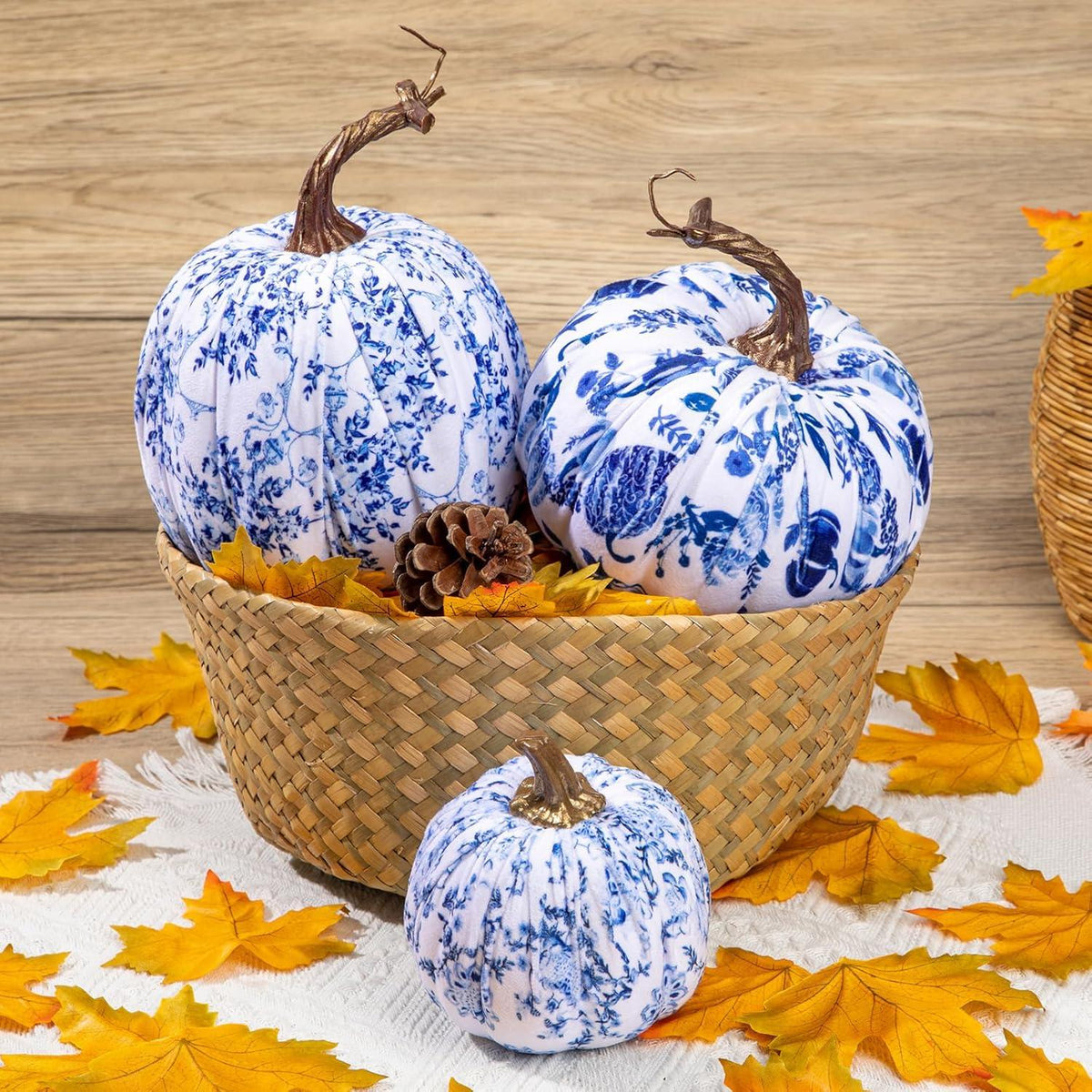 3er Set Künstlicher Blau Weißer Kürbis Herbst Halloween Deko