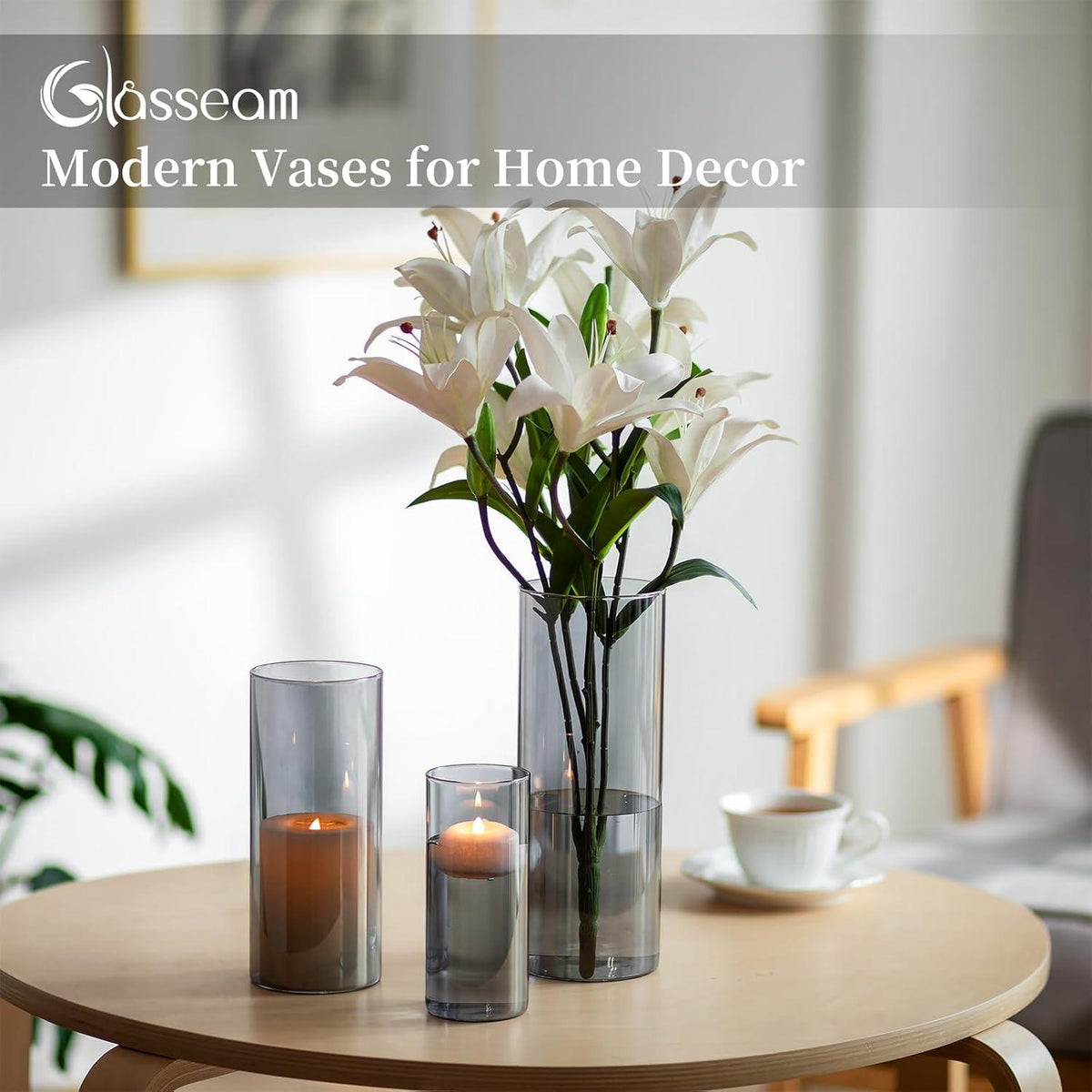 Moderne Glasvase Set Anthrazit 3er Wohnzimmer Deko Vasen