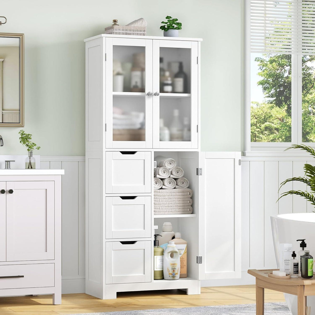 Hochschrank Badezimmerschrank mit 3 Türen & Schubladen Weiß
