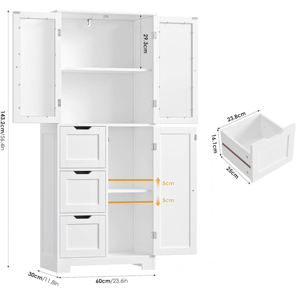 Hochschrank Badezimmerschrank mit 3 Türen & Schubladen Weiß