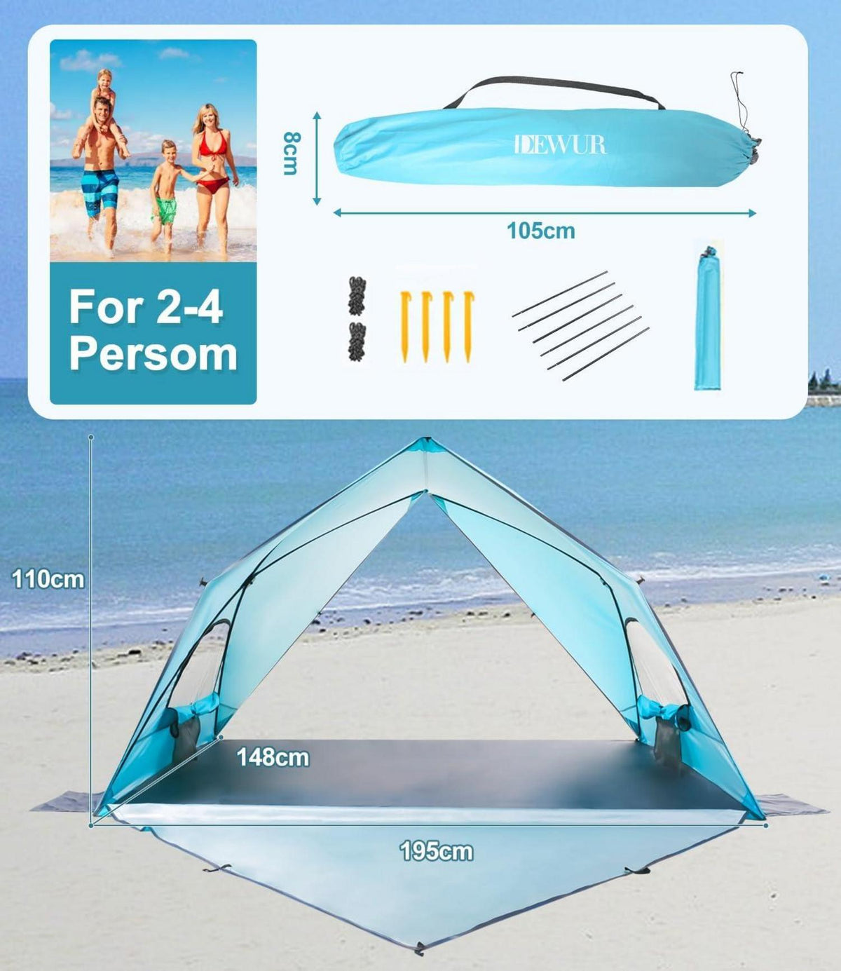 Dewur Dreieck Strandmuschel UPF 50+ UV Sonnenschutz für 2-4