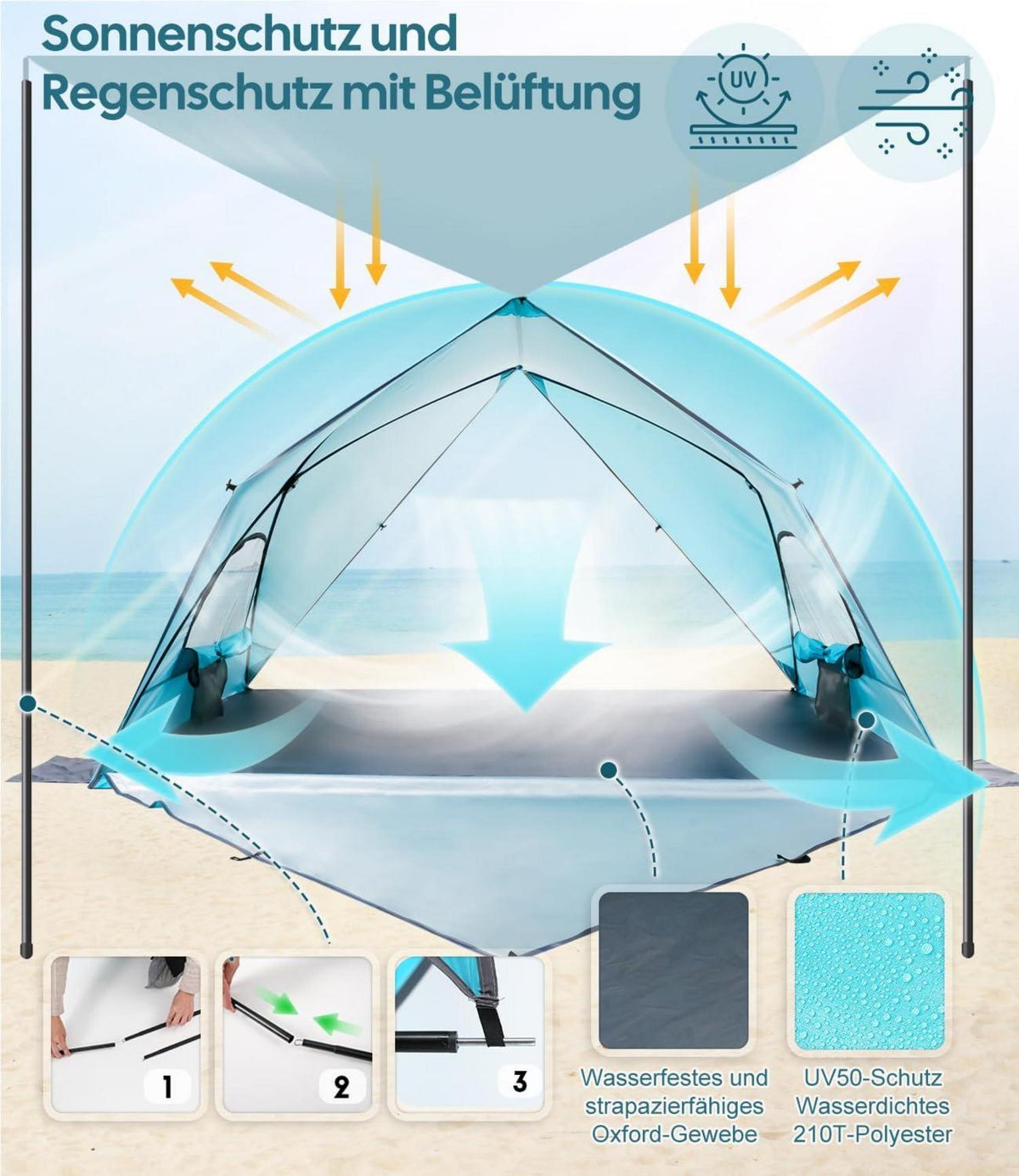 Dewur Dreieck Strandmuschel Pop Up Zelt UPF 50+ UV Sonnenschutz Blau
