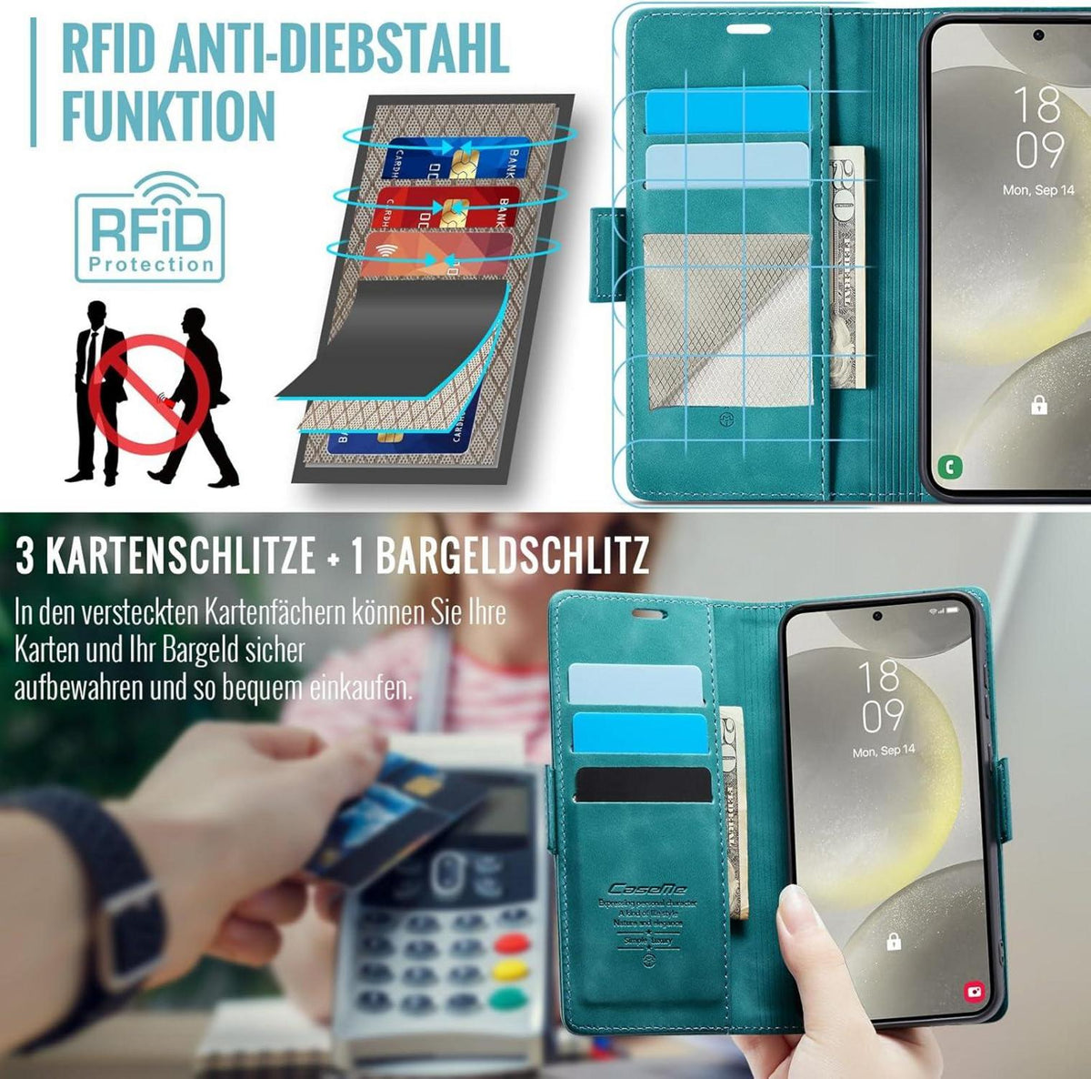 Handyhülle für Samsung Galaxy S24 5G - Klapphülle mit RFID Schutz, 3 Kartenfächer, Standfunktion - Grün