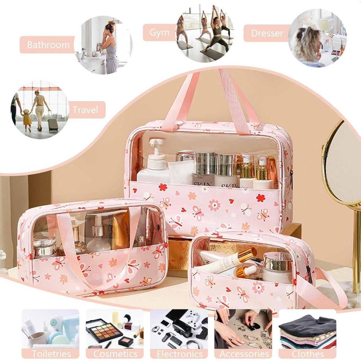 Transparente Kosmetiktaschen Set 3 Stück, Wasserdicht PVC Kulturbeutel Rosa