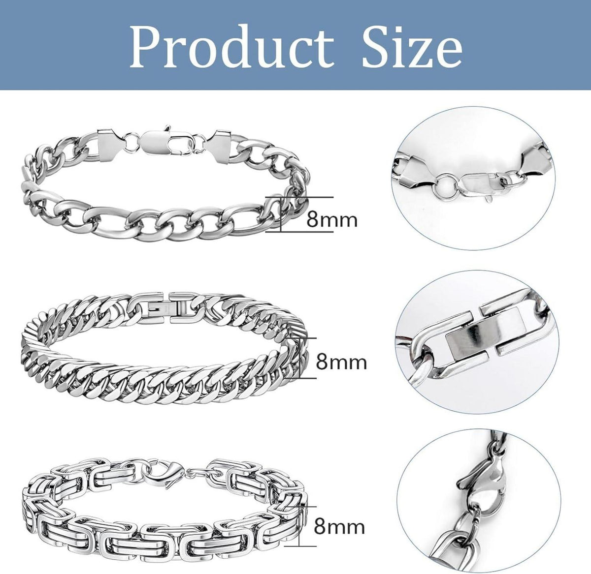 LOCCY Armband Herren Silber Edelstahl Panzerkette 8mm 21.0cm