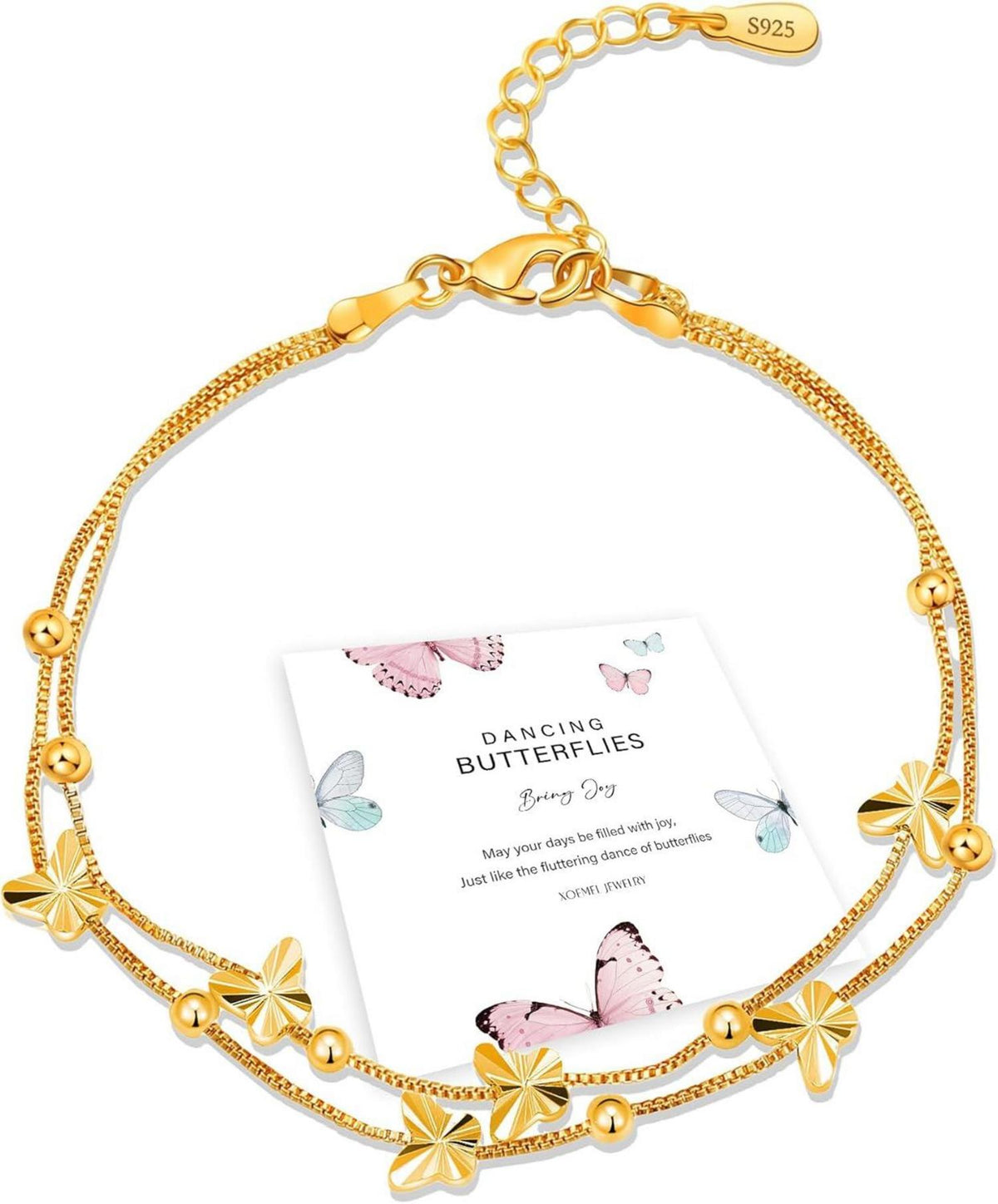 Schmetterling Armband Silber 925 Rosegold Perlen Layered Armkette 17,7