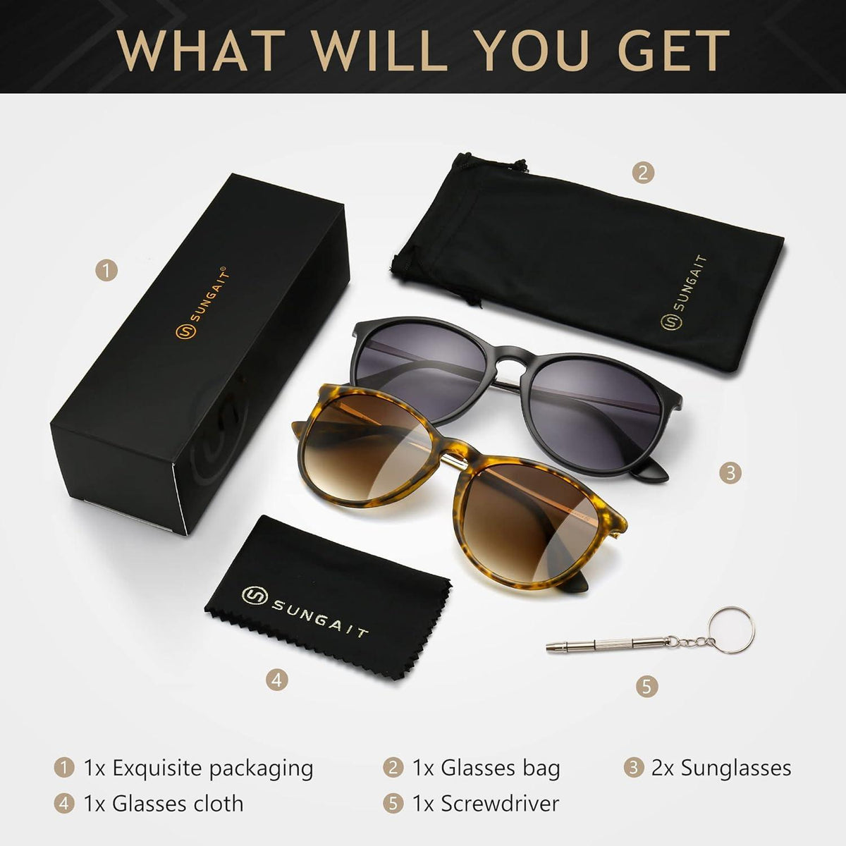 Damen Sonnenbrille Vintage Rund Retro Stil 2er-Pack Polarisiert UV400