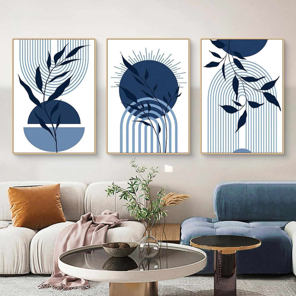 3er Boho Bilder Set Blau Abstrakt Pflanzen Wandposter 50x70cm