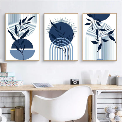 3er Boho Bilder Set Blau Abstrakt Pflanzen Wandposter 50x70cm