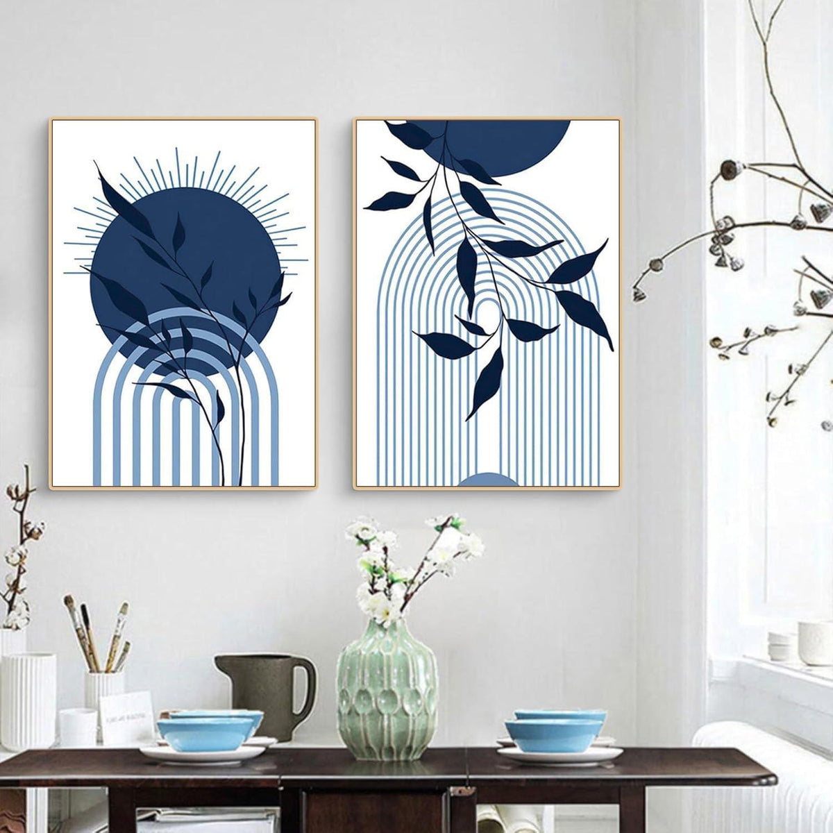 3er Boho Bilder Set Blau Abstrakt Pflanzen Wandposter 50x70cm