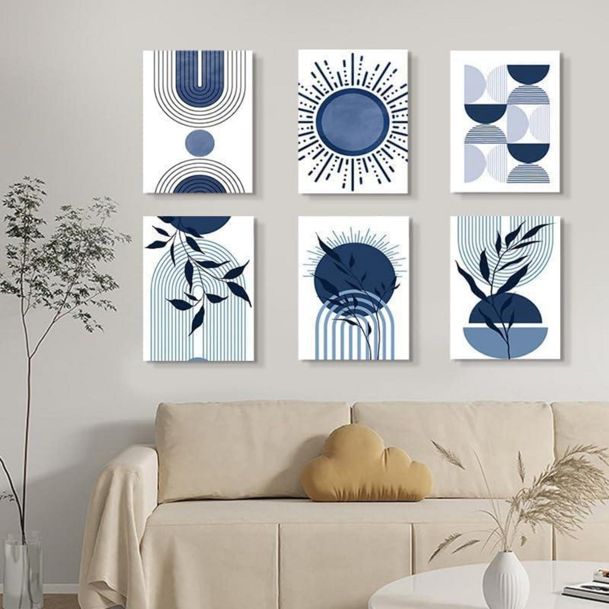 3er Boho Bilder Set Blau Abstrakt Pflanzen Wandposter 50x70cm
