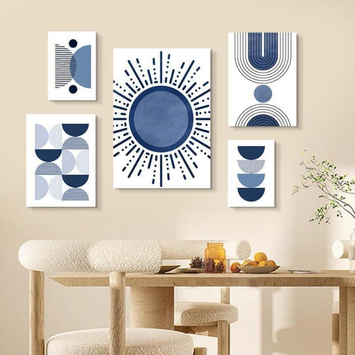3er Boho Bilder Set Blau Abstrakt Pflanzen Wandposter 50x70cm