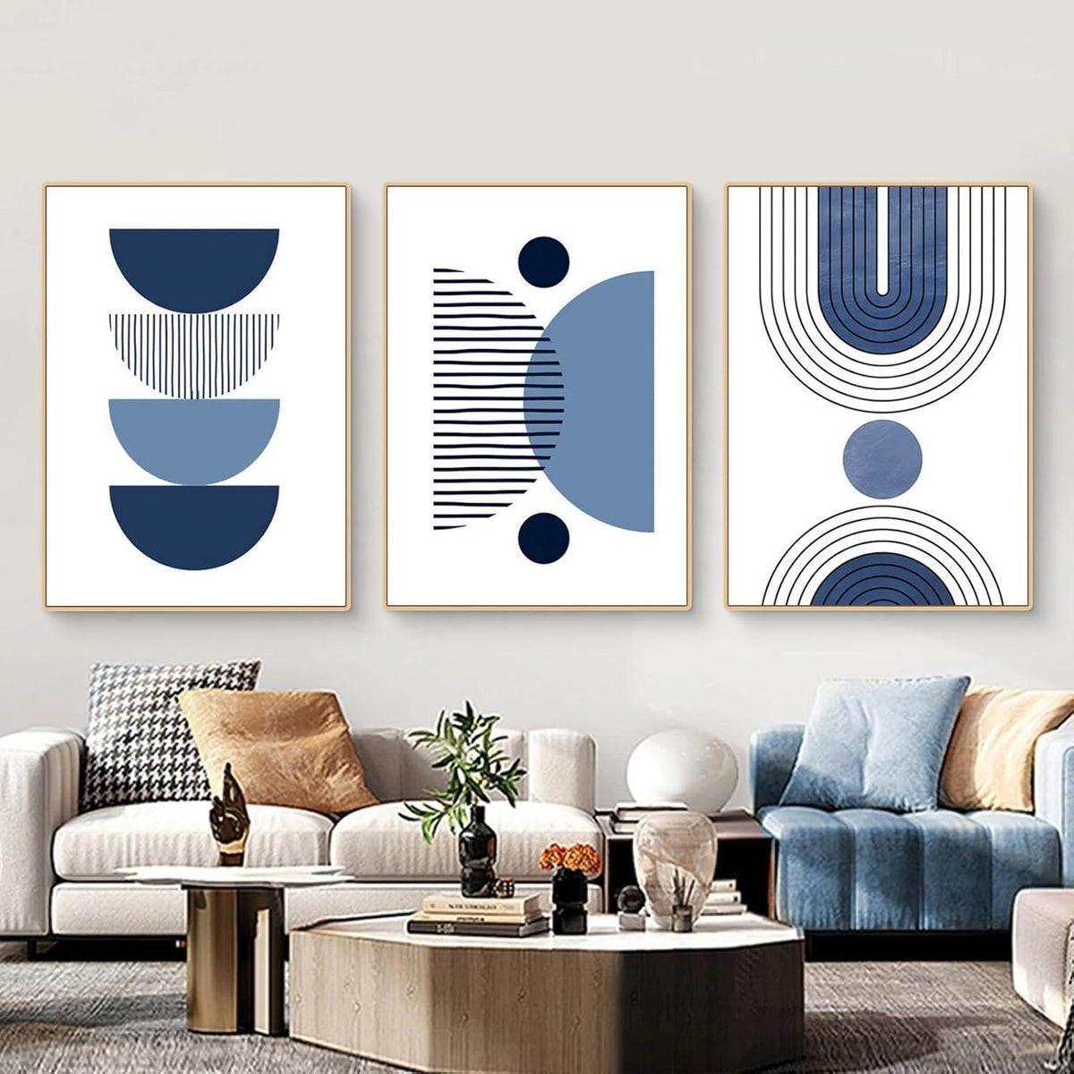 3er Boho Bilder Set Abstrakt Blau Pflanzen Wandposter Set 40x50cm