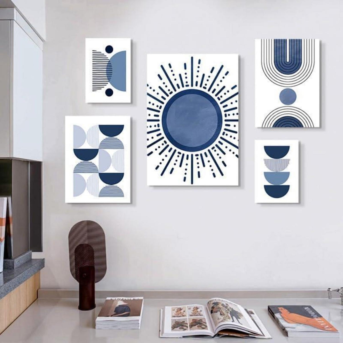 3er Boho Bilder Set Abstrakt Blau Pflanzen Wandposter Set 40x50cm