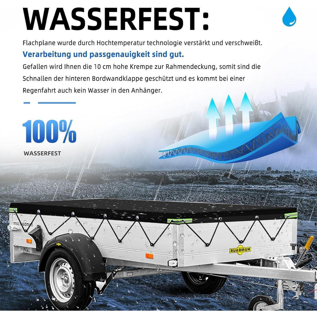 Anhängerplane Flachplane 258x136x8cm – Wasserdicht & Passgenau