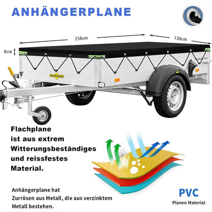 Anhängerplane Flachplane 258x136x8cm – Wasserdicht & Passgenau
