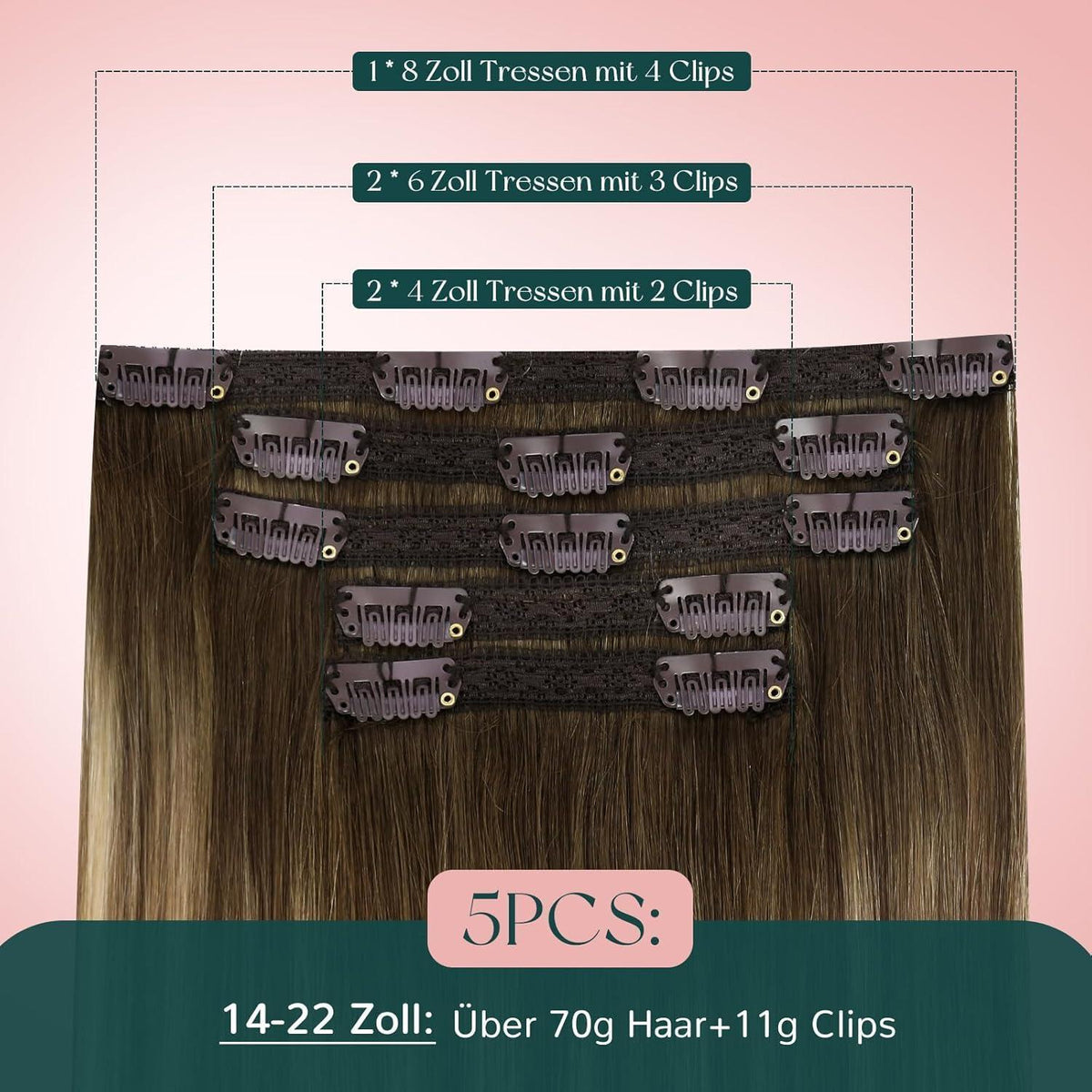 Echthaar Clip-in Extensions Ombre Braun Blond 55cm