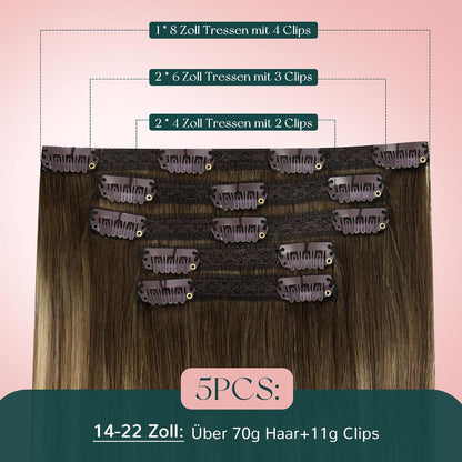 Echthaar Clip-in Extensions Ombre Braun Blond 55cm