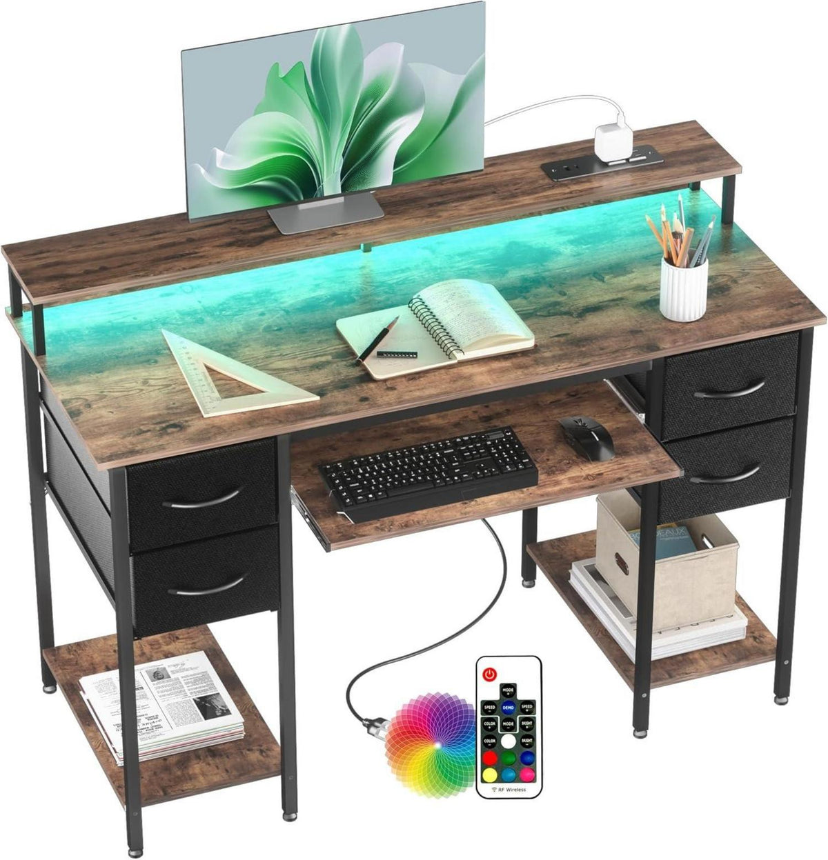 Gaming Schreibtisch LED 120x50 cm Tastaturablage LagerregalMediaPlayer