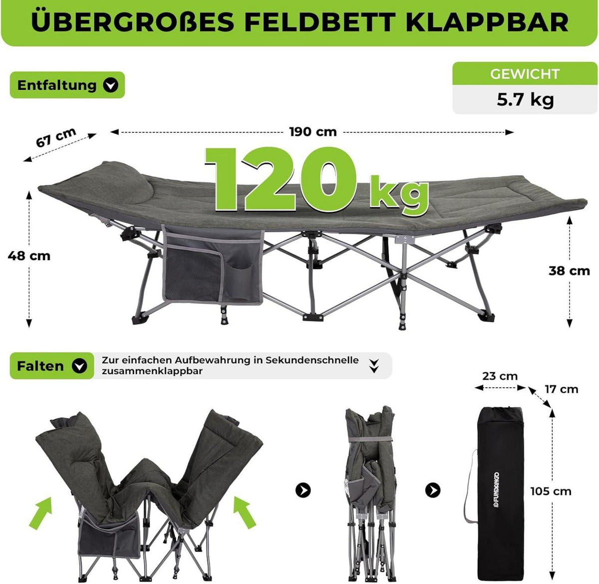 Feldbett klappbar mit Matratze und Seitentasche 190 x 67cm