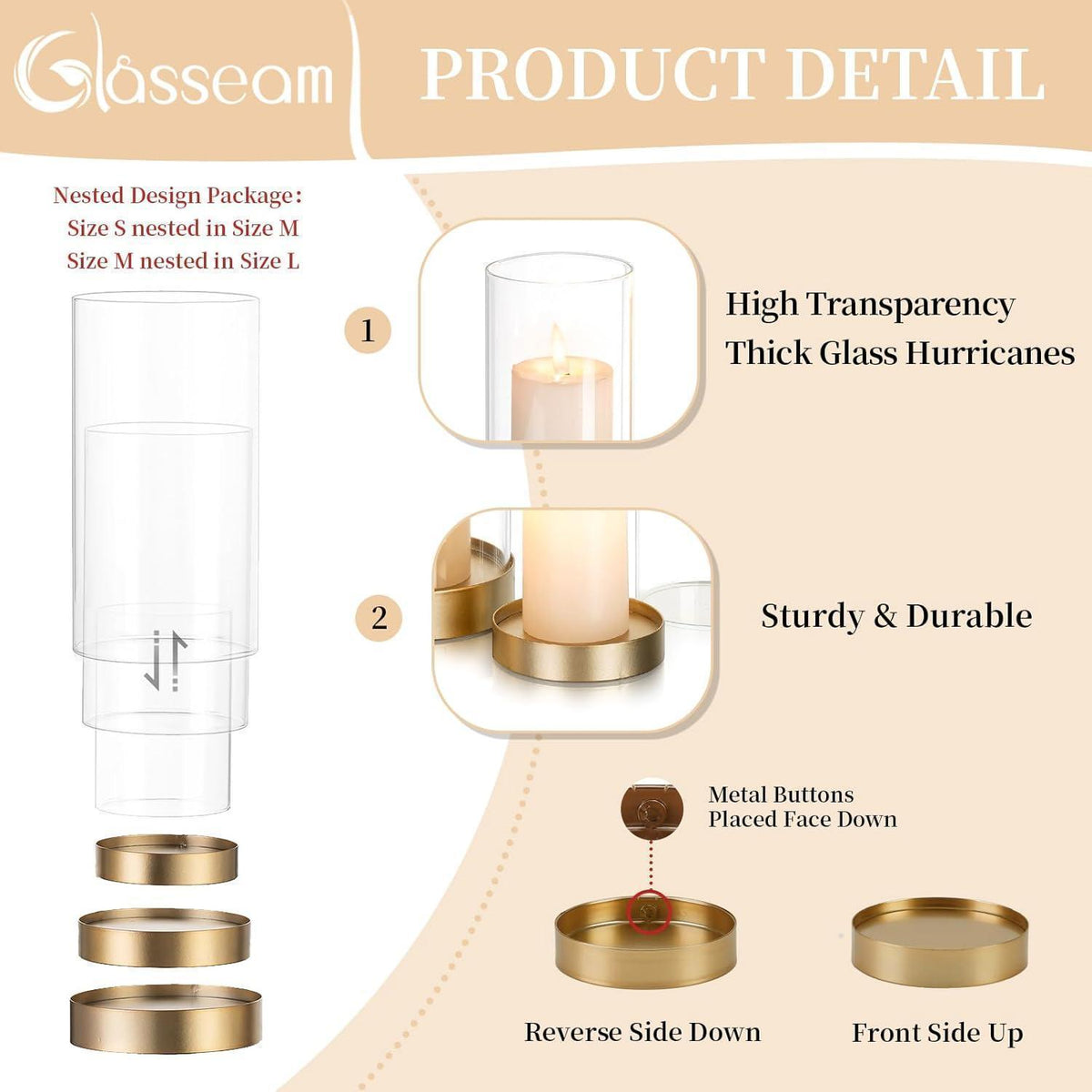 Windlicht Glas Kerzenhalter 6er Set Groß Gold mit Zylinder für Deko