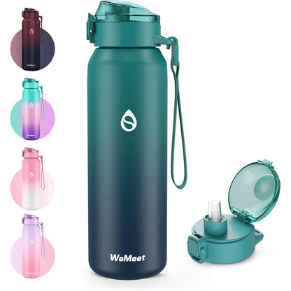 Edelstahl Trinkflasche 1000ml mit Strohhalm, Blau