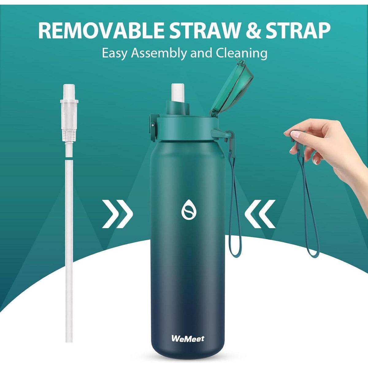 Edelstahl Trinkflasche 1000ml mit Strohhalm, Blau